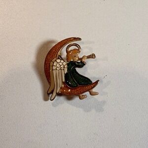 Vintage Angel on Moon Pin Brooch‎ Gold Tone Celestial Christmas Holiday Lapel